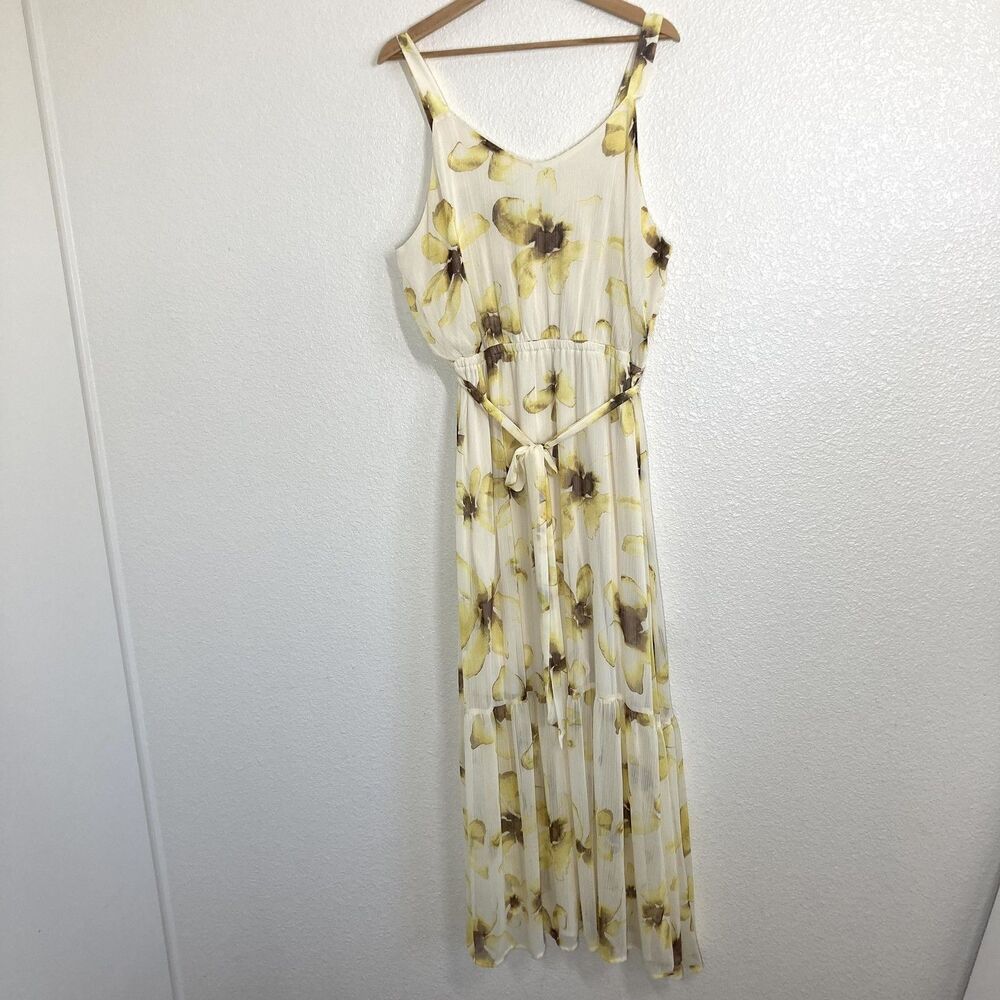 Simply Vera Vera Wang Dress Womens XL Yellow Floral Chiffon Maxi Smocked Belted